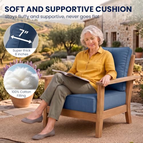 Image of DoCred Set of 2 Outdoor Chair Cushion, 6 inch Thick Patio Seat Cushion, Blue | 28D High Density Sponge Cushions & 7 inch Back Pillows with Fade and Water Resistant Cover for Patio Furniture Sofa Bench Swing