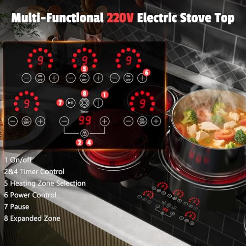 Image of 30 Inch (Cut-out Size: 29.13 inchx19.3 inch) Electric Cooktop - 30 Inch 9000W Powerful 5 Burner Electric Stovetop, Built-in Ceramic Stove 30 inch, Timer, Safety Lock, Pause, 240V Hard Wired (No Plug)