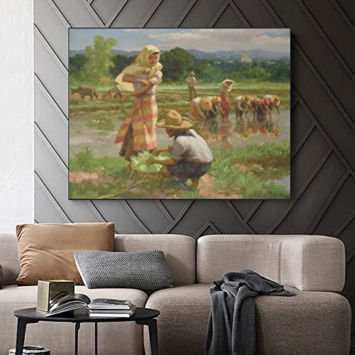 Fernando Amosolo Original Oil Painting Farmer Planting Rice Art Deco Canvas Poster Print Canvas Painting Posters And Prints Wall Art Pictures For Living Room Bedroom Decor 16X20Inch(40X51Cm) Frame-St #TOP2