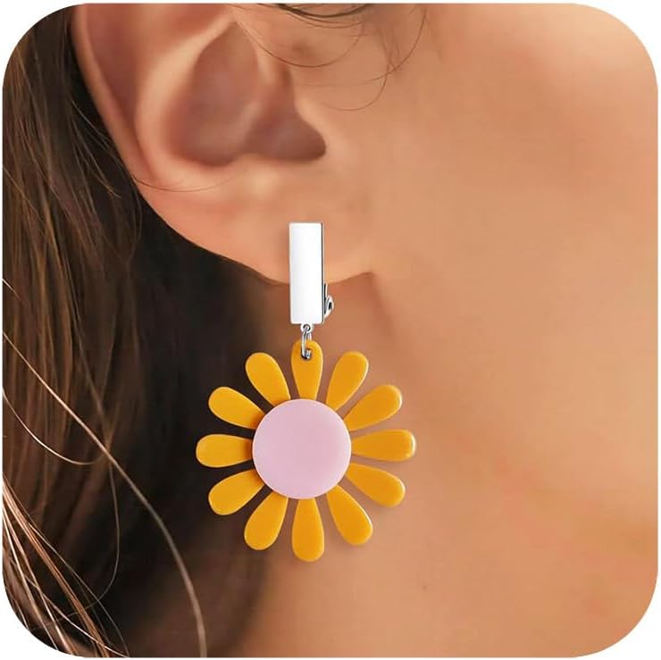 Aretes Clip On Margaritas Naranja y Rosa Retro
