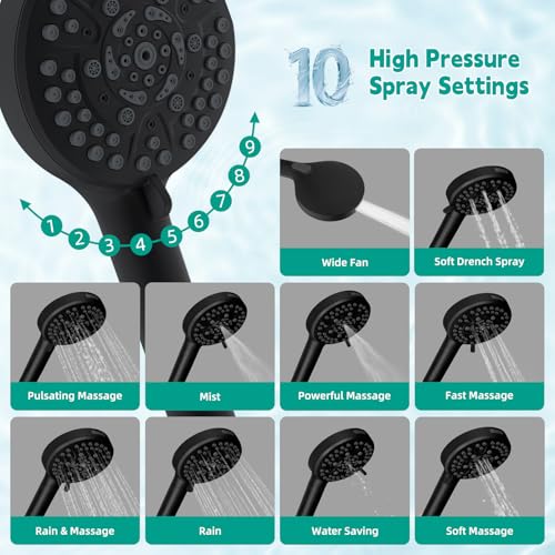 Hibbent High Pressure 10 Spray Filtered Handheld Shower Head, Matte Black - image 2