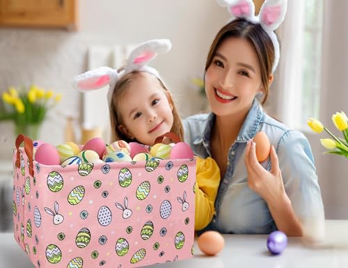 Image of Large Rectangular Easter Baskets Empty Waterproof Boy Toy Box Foldable Kid's Gifts Storage Bin Spring Room Decor(Pink Black Line Egg)