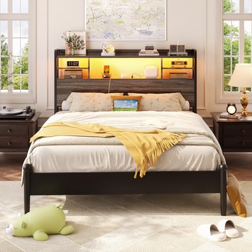 Image of Aheaplus Headboard for Full Size Bed with Storage and Outlets, Black Oak | Headboards with LED Light, Power Outlets, USB Ports Full Size Head Board, Wood headboard Only Sturdy and Stable Headboards