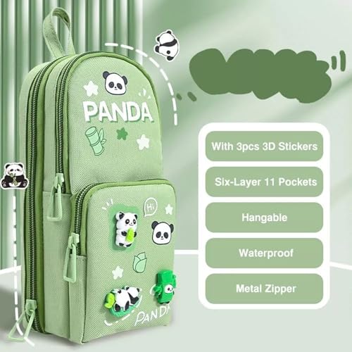 Image of Canvas Kawaii Pencil Case 3 Compartment Cute Pencil Case for Girls Large Capacity Pen Pencil Pouch for Boy Smooth Zipper Multifunctional Stationery Organizer for School Office (HT Green Panda)