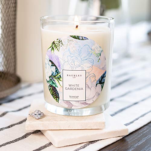 Baubles White Gardenia Scented Premium Candle and Jewelry with Surprise Ring inside | 18 oz Large Candle | Made in USA | Parrafin free | Size 07