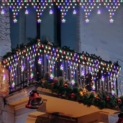 MUYUN Christmas Lights Outdoor Decorations 13.8ft 200 LED Christmas Lights with 12 Stars,Dimmable Curtain Fairy Light with 8 Modes&Remote Timer for Wedding Party Holiday Christmas Decor(Multicolor)