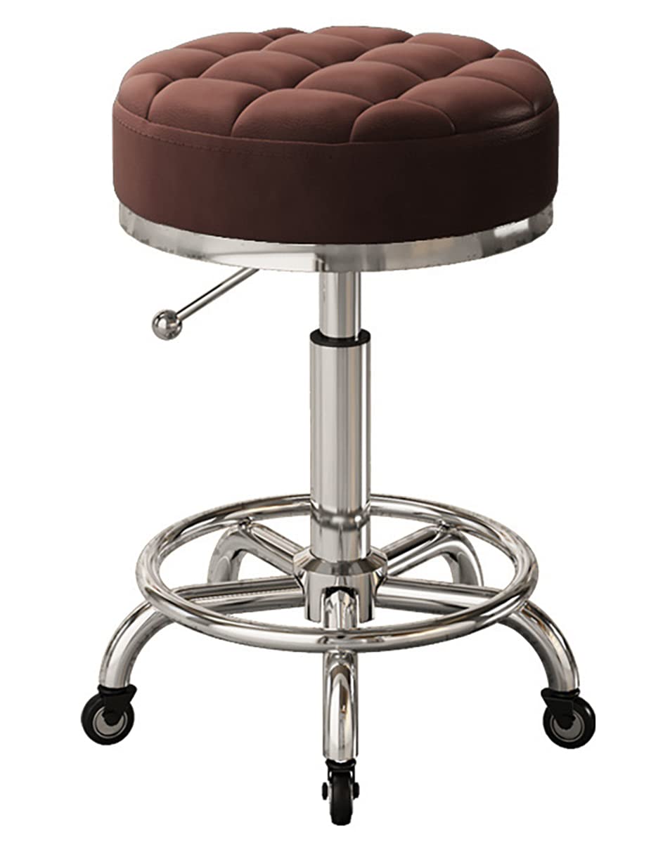 Taburete con Ruedas de Cuero sintético, Giratorio y con Altura Ajustable, Ideal para salón, peluquería, Laboratorio, Oficina, masajes, Bar y Exteriores.Brown,A1