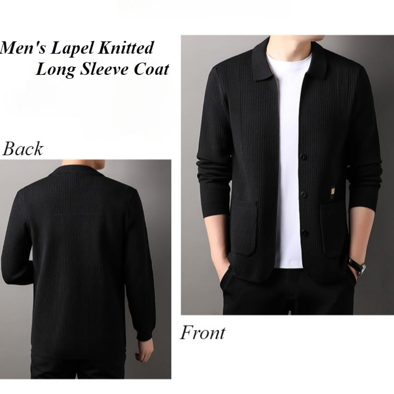 Men's Lapel Knitted Long Sleeve Coat,Business Casual Knitted Sweater Autumn Button Up Cardigan Slim with Pockets3