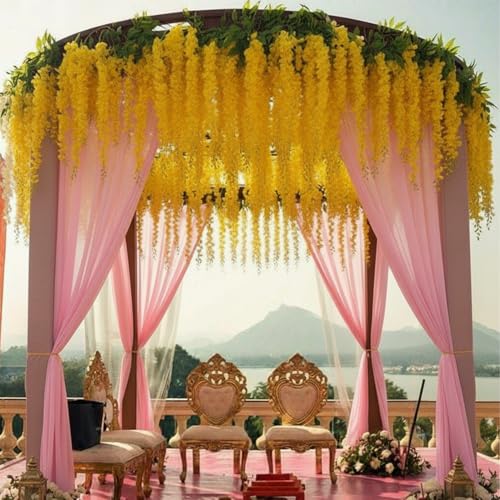 Image of Party Propz Yellow Wisteria Artificial Flowers for Decoration - 12Pcs(3.6ft), Money Plant Artificial Leaves- 2Pcs(8ft), Haldi Decorations Items for Home, Wedding Decorations Items