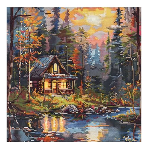 cukol cukol Kit Punto Croce Cabina, Schemi Quadri Set Ricamo Punto Croce Kit da Ricamare Principianti Starter Prestampato Stampato Completo Bambini Cross Stitch Embroidery Ricami 40 x 40 cm