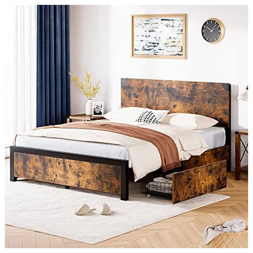 IDEALHOUSE Queen Size Bed Frame with 4 Storage Drawers and Headboard, Rustic Vintage Wood and Metal Bed Frame with Large Storage Space, No Box Spring Needed, Noise Free