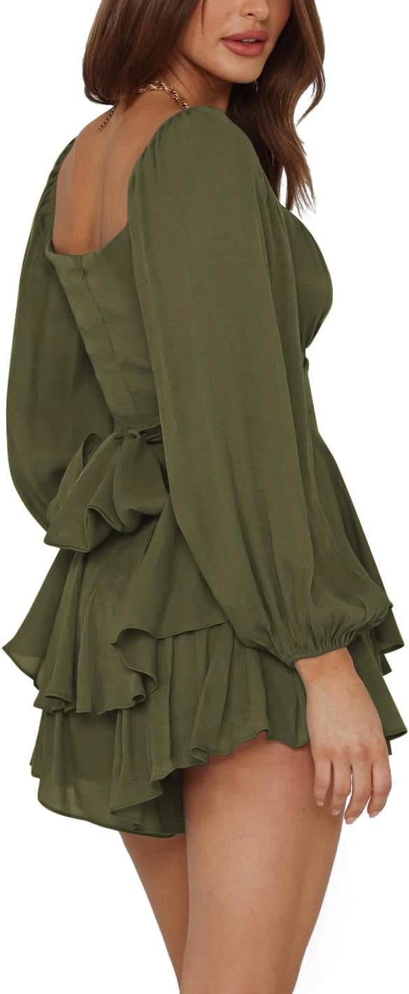 LYANER Women's Jumpsuit Lantern Long Sleeve Ruffle Layer Tie Mini Short Romper - Image 3