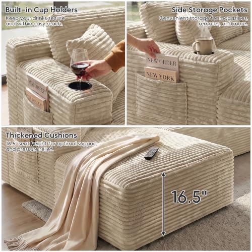 Image of 133 inch Oversized Cloud Boneless Sofa Couch with Chaise, Modern Corduroy U Shaped Modular Sectional Sofa with Deep Seat, Comfy Couch with Cupholders and Storage, No Assembly Required-Camel