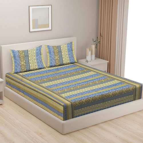 Image of Swayam Pure Cotton Double Bedsheet with 2 Pillow Covers | Size 90 x 100 inch | 160 TC | Ethnic Motifs Design | Soft Breathable Bed Sheet | Comfortable & Durable for Bedroom - Yellow
