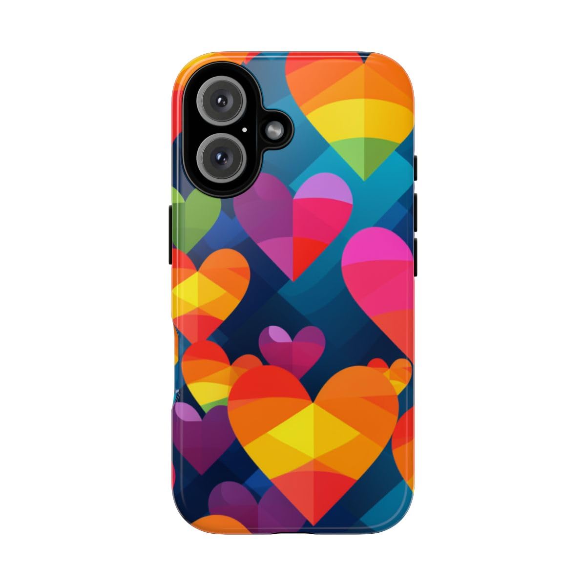 Coque rigide brillante iPhone 16 motif cœurs géométriques colorés antichoc