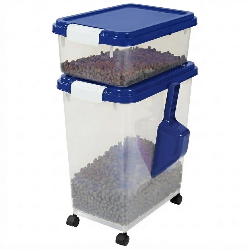 NTEK 3 Piece Airtight Pet Food Storage Container Set with Measuring Scoop & Wheels, Large Plastic Dog Food Storage Bin, Cat Food Dispenser, Dry Food, Treat & Biscuit Storage Box with Locking Lid