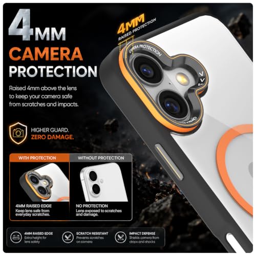 Image of Pikkme Back Cover for iPhone 16 Plus | Shockproof | Mag-Safe Compatible | Hard Transparent Back | Premium Raised Camera Protection | Bumper Case (Black & Orange Mag-Safe)