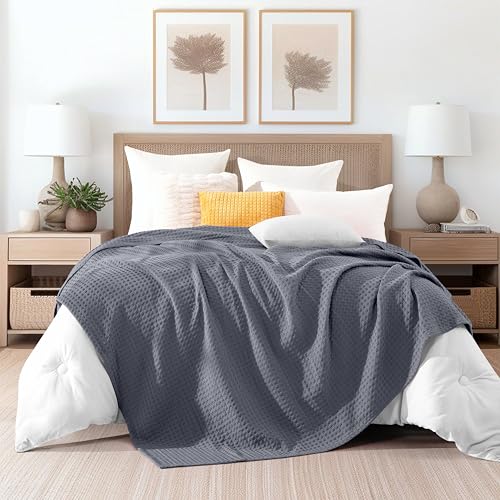 Image of Elegant Comfort Premium 100% Cotton Waffle Blanket - Lightweight Breathable Waffle Weave Bed Blanket - Soft and Warm All Season Blanket for Couch, Sofa and Bed, Queen Size 90x90 Inches, Gray