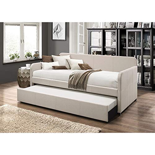 Twin Daybed with Trundle, Harper&Bright Designs Upholstered Fog Fabric Jagger Daybed with Roll Out Trundle Set, Sturdy Wood Frame Sofa Bed Accommodate Twin Size Mattresse for Living Room Guest Room