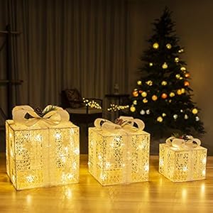 GIGALUMI 3er Set LED Geschenkbox mit Schleife leuchtend Geschenkeboxen Lichtbox Weihnachts Dekoration Weihnachtsdeko…