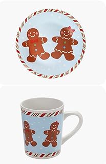 Holiday Gingerbread Collection Ceramic Mug and Plate Set, White with Blue Background, Red and Green Candy Cane Border, Christmas Theme Dinnerware, 2 Piece Set