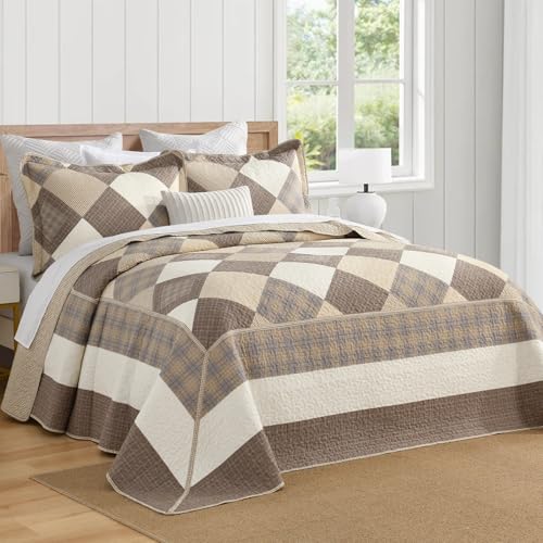 Image of 100% Cotton Oversized King Bedspread 120x120, Brown Cream Plaid | Extra-Wide Coverage, Reversible 3-Piece Bedding Set, Fits Thick Mattresses, Lightweight All-Season Comfort, Modern Farmhouse