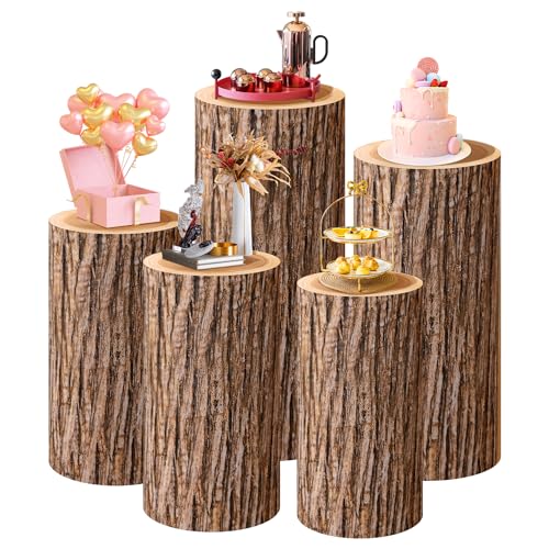 SaitiMade Set of 5 Wood Cylinder Stand Covers Spandex Pedestal Stand Covers for Party Wedding or Baby Shower Event Decor (Only Contains Cylinder Covers)