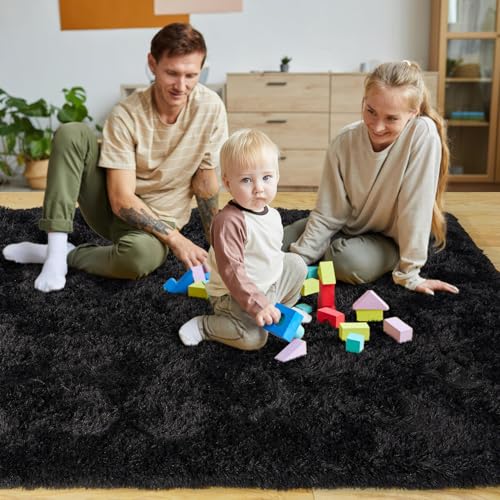 KING DARE 9x12 Area Rug for Living Room Plush Carpet, Soft Fluffy Shaggy Fuzzy Furry Large Black Rug, Anti-Slip Washable Modern Floor Rug for Bedroom Home Aesthetic Decor