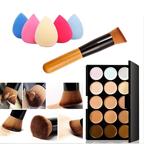 Usstore Concealer Contour Palette + Water Sponge Puff + Makeup Brush Makeup Face Powder Blusher Toothbrush Curve Foundation Brush For Women Lady by Usstore