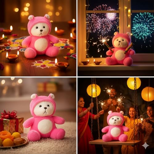 Image of Storescent Hooded Teddy Bear Plush Toy | Soft & Cute Stuffed Animal Toy for Hugging for Kids & Loved Ones - Dark Pink 45cm