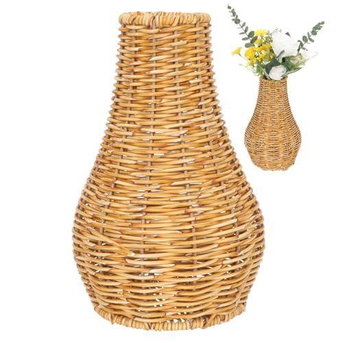 Jarrón de Rattan Boho, jarrón de Flores de Mimbre tejedor Vintage para Hierba de Pampas, Soporte de Plantas de Estilo Boho artístico de 10 Pulgadas para el Centro de Mesa de la Mesa casera