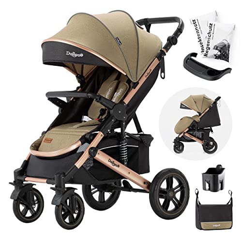 Daliya® Rapidy Buggy Kinderwagen 0-36 Monate Sportwagen mit Liegeposition Wickeltasche, Winterfußsack, Ess- & Spieltisch und mehr (Khaki - Gold)