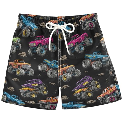 Pigsaly Colorful Monster Trucks Boys Swim Trunks Yellow Blue Red Machinery Car Toddler Beach Board Shorts Summer Bathing Suit 3T