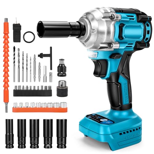 Visseuse à percussion sans fil 700 Nm compatible avec batterie au lithium Makita 18 V, couple élevé sans balais 1/2'' avec douilles et kits de forets pour perceuses (sans batterie)