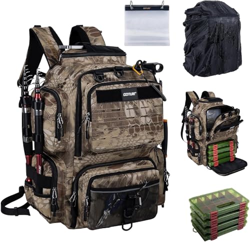 Goture Angelrucksack mit 4 Köderbox Angeln 45-Liter Angelzubehör-Rucksack mit Zwei Rutenhaltern und Regenschutz 600D Oxford-Gewebe Wasserabweisende Angelgerätetasche mit verstellbarem Fach