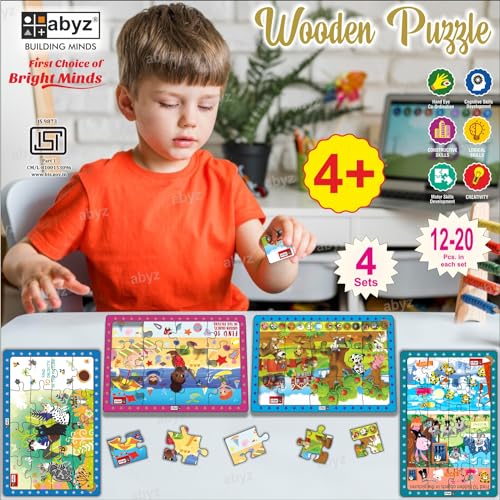 Image of ABYZ Wooden Jigsaw Puzzle - Wolves & Tigers, Farm Animals, Cats in Jungle, Beach Play, Playset for Little Explorers, 63 Pieces - Pack of 4 | Birthday Gift for (3 Plus Years) Age Kids.