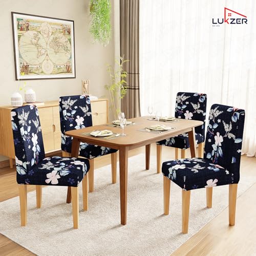 Lukzer 4PC Navy Blue Flower Design Stretchable Dining Chair Cover | Universal Fit Removable Washable Slipcover | 140 GSM Polyester Spandex | Elastic Protective Cover for Home & Hotel Chairs CC-012-04