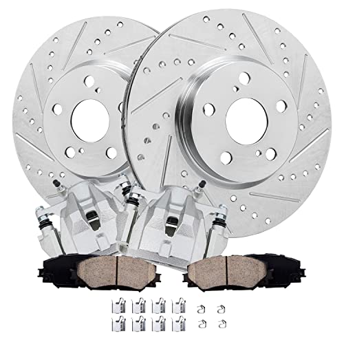 Image of Detroit Axle - Front Brake Kit for Toyota Corolla Matrix Pontiac Vibe | Scion xD Drilled & Slotted Brake Rotors Ceramic Brake Pads Brake Calipers Replacement