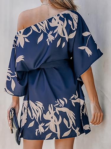 Image of CUPSHE Women's Casual Mini Dress Navy Leaf Print 3 /4 Sleeve One Shoulder A Line Short Belted Dresses