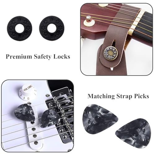 Image of Adjustable Guitar Strap Includes 2 Strap Locks & 2 Matching Picks & 1 Picks Holder & 1 leather Strap Button.