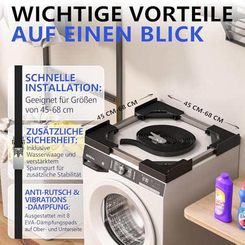 JHCHU Universal-Stapelset für Waschmaschine und Trockner – Verstellbarer Zwischenbaurahmen 45–68 cm, Ideal für Waschmaschinen-Trockner-Verbindung (Schwarz)