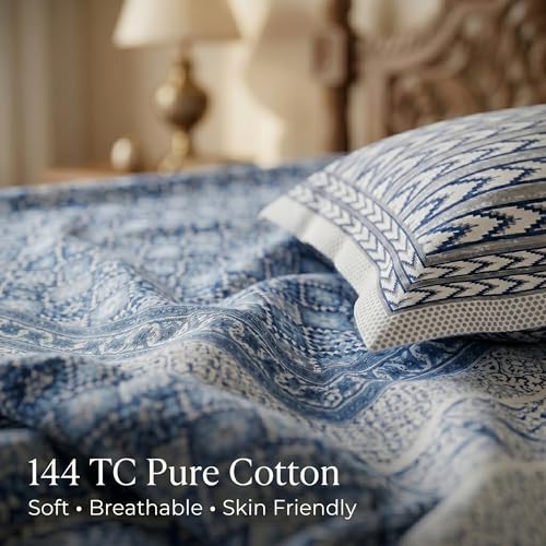 Image of Mafatlal 144 TC Heritage Jaipuri Double Bed Cotton Bedsheet Queen Size 90x108, 100% Pure Cotton Bed Sheet with 2 Pillow Covers, Royal Heritage | Prussian Blue