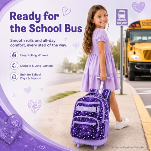 Image of 3Pcs Rolling Backpack for Girls Teens, 19 inch Wheeled Backpack with Lunch Box, Polka Dots Travel Roller Backpack for Women College Students (Purple)