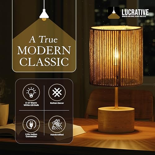 Image of LUCRATIVE Handcrafted Rattan Table Lamp for Bedroom & Living Room - Boho Wooden Bedside Home Decor Lamp with Warm White LED, 27 x 12.7cm | Bulb Included