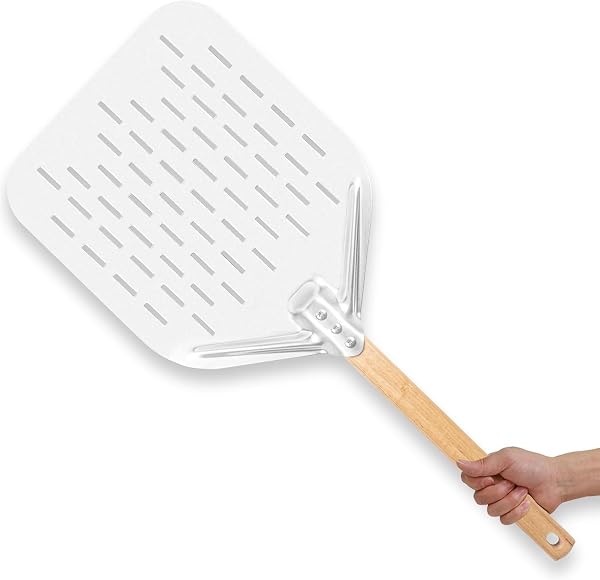 NSXVIA Pizzaschieber perforiert 39,5 * 30 * 2 cm – Aluminium Pizzaschaufel mit abnehmbarem Holzgriff, leichte Pizza Peel, Pizzaheber & Pizzawender für Ofen, Pizza Zubehör (wood) - 1
