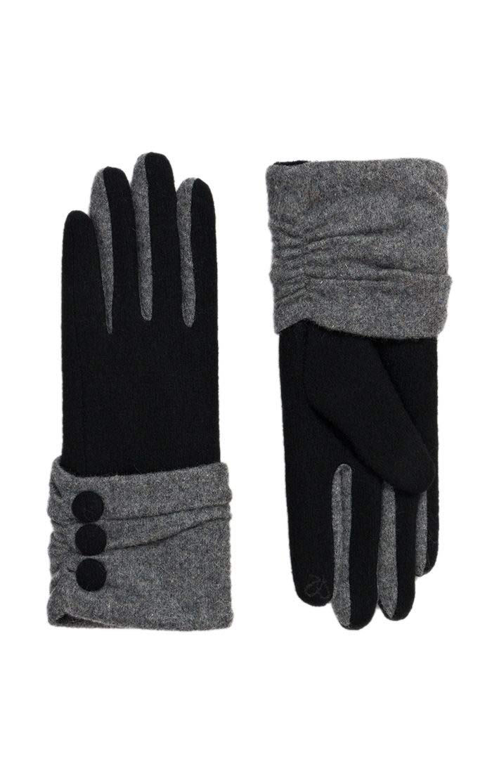 Ladies Gloves Black & Grey Classic Check Wool Glove with Button Detail (Eimear)