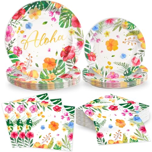 OuMuaMua 60Pcs Luau Party Tableware Decorations Aloha Tropical Disposable Dinnerware Set including Paper Plates with Napkins for Hawaiian Tropical Summer Birthday Party Supplies Serves 20