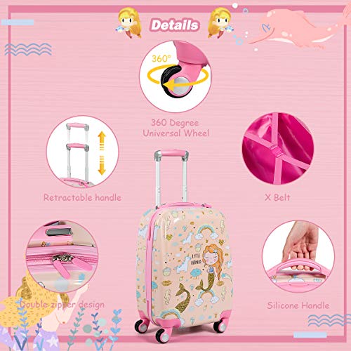 Gymax 2Pc Kid Carry On Luggage Set, 12" & 18" Kids Suitcase With 4 Spinner Wheels, Travel Rolling Trolley For Boys And Girls, Gift For Toddlers Children (Mermaid) #TOP1