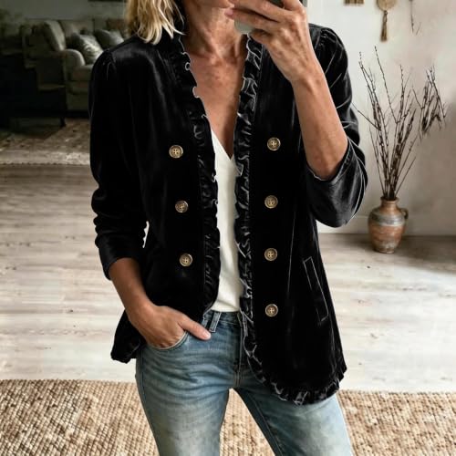 Velvet Jacket Women Long Sleeve Fall Jackets Ruffle Trim Cardigan Winter - image 2