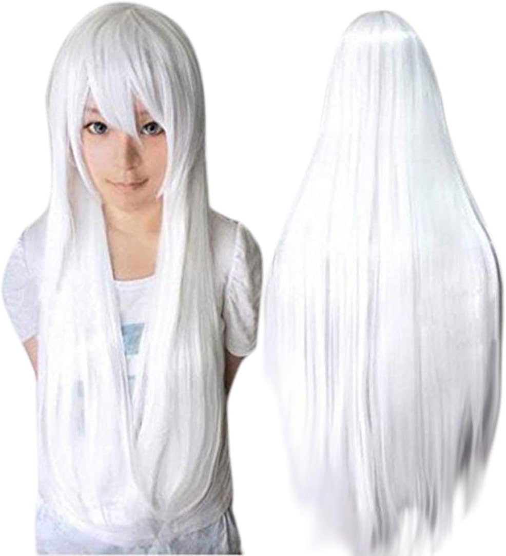 Wig Cap+32 In/ 80 cm Long White Wig White Cosplay Wigs, Straight Whitish Synthetic Wig with Bangs for Anime Cosplay, Peluca Blanca Long Straight Wigs for Halloween Costume Party